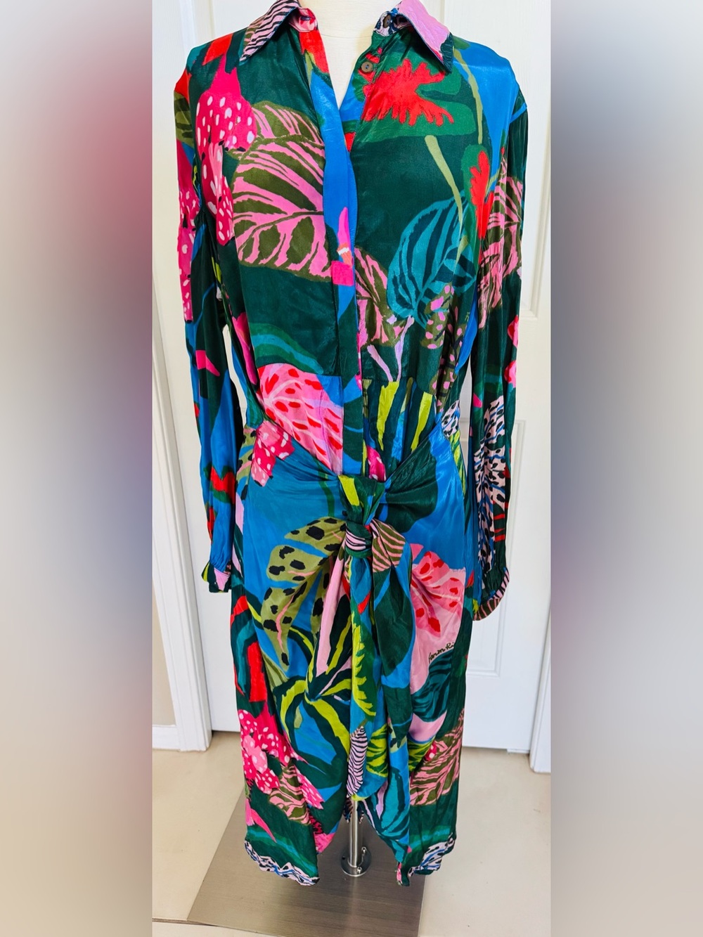 FARM Rio Green Multicolor Long-Sleeve Tie-Front Dress
